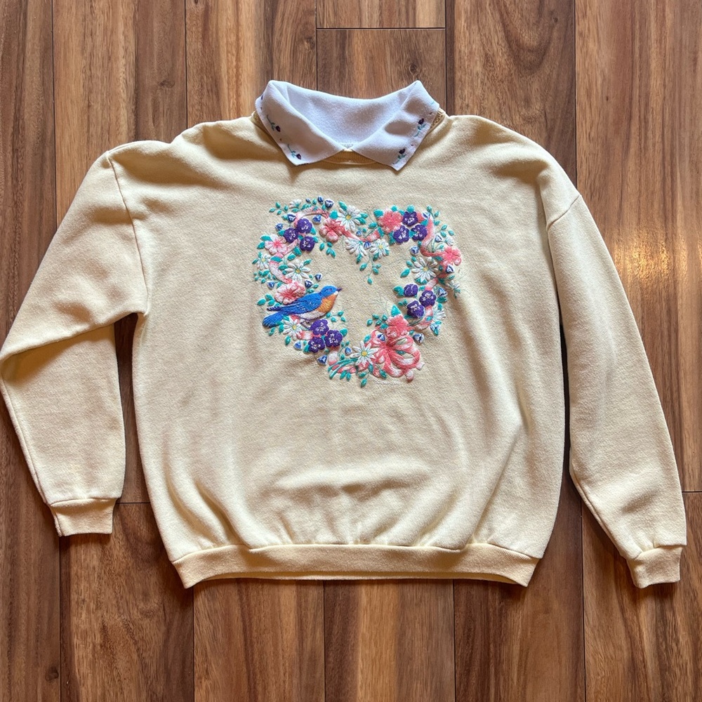 Vintage Gopher Sport yellow sweater floral heart and bird granny sweatshirt